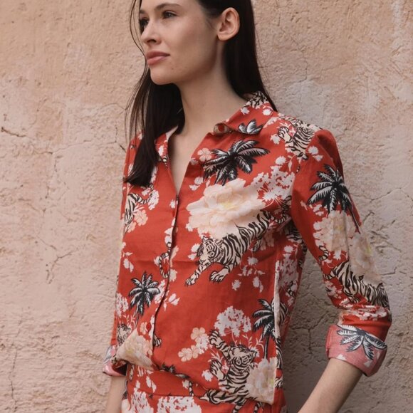 Las Sureñas Linen-blend Buttondown Shirt in Tiger Brick - Picture 1 of 7